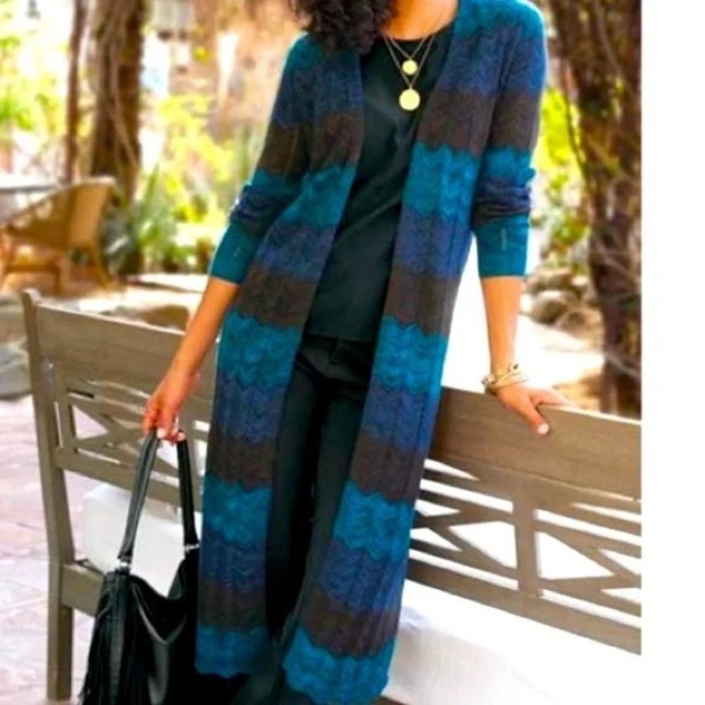 Soft Surroundings Gabriela Blue Chevron Duster Cardigan Sweater Petite Small
